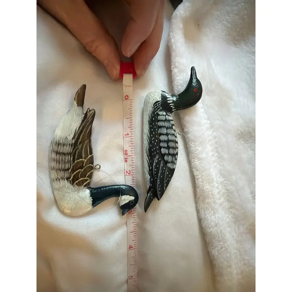 Hand Carved Wooden Loon & Canada Goose Bird Ornaments Painted Wildlife Set 2
